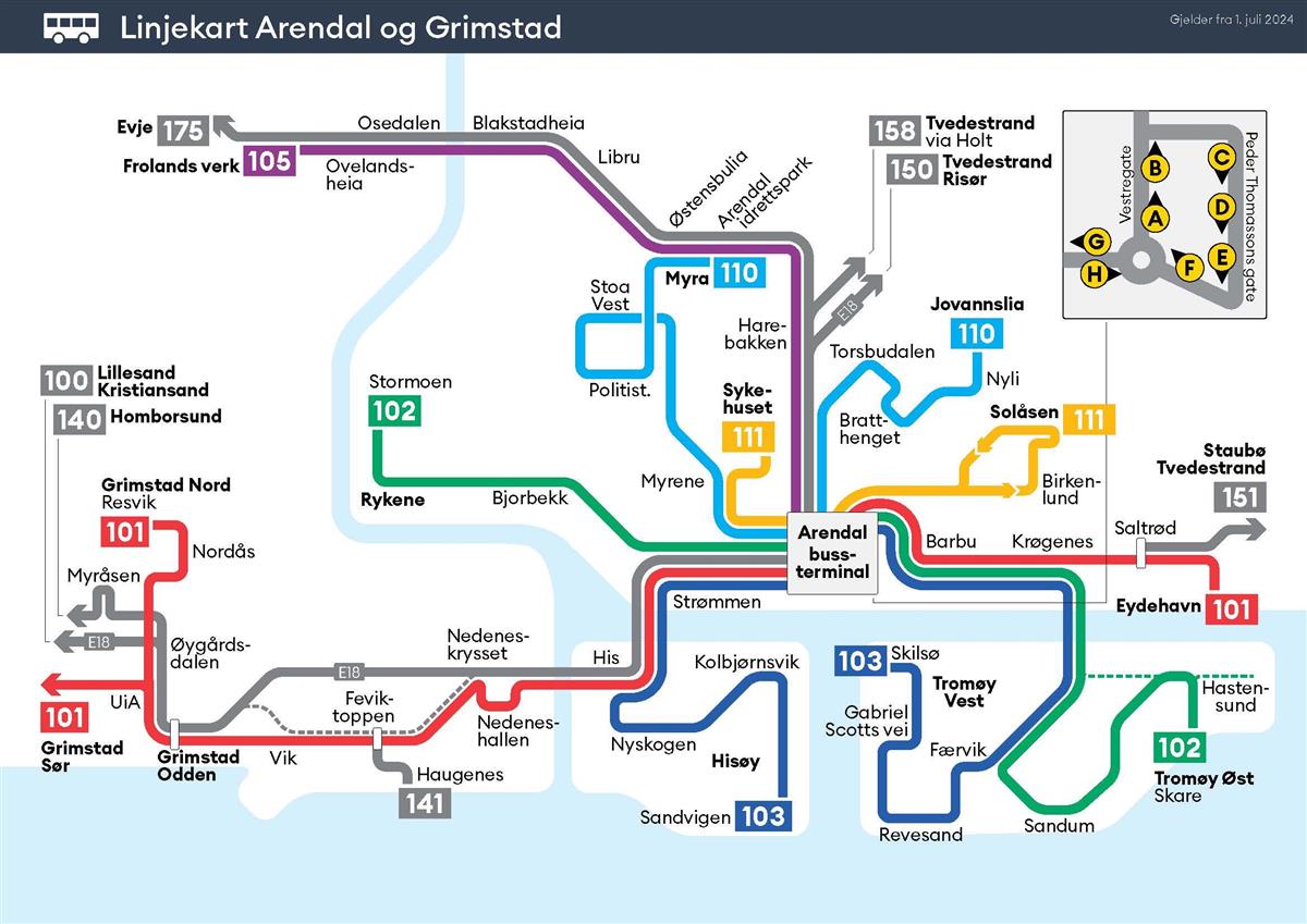 Linjekart Arendal og Grimstad - Klikk for stort bilde