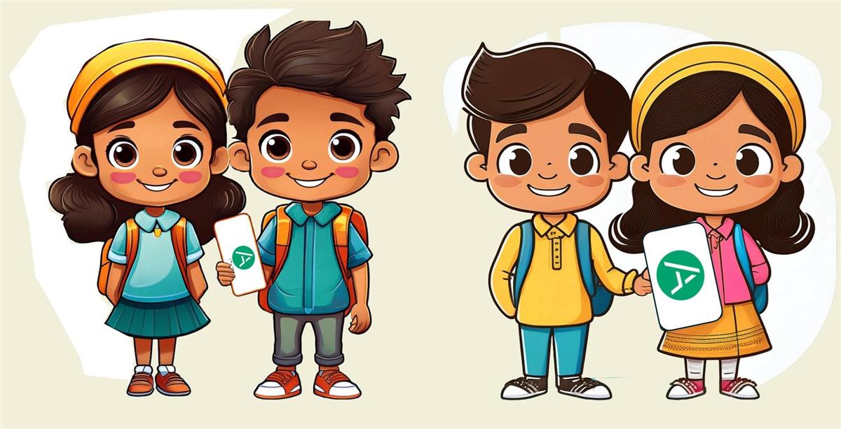 illustrasjon av barn med skolereisekort - Klikk for stort bilde